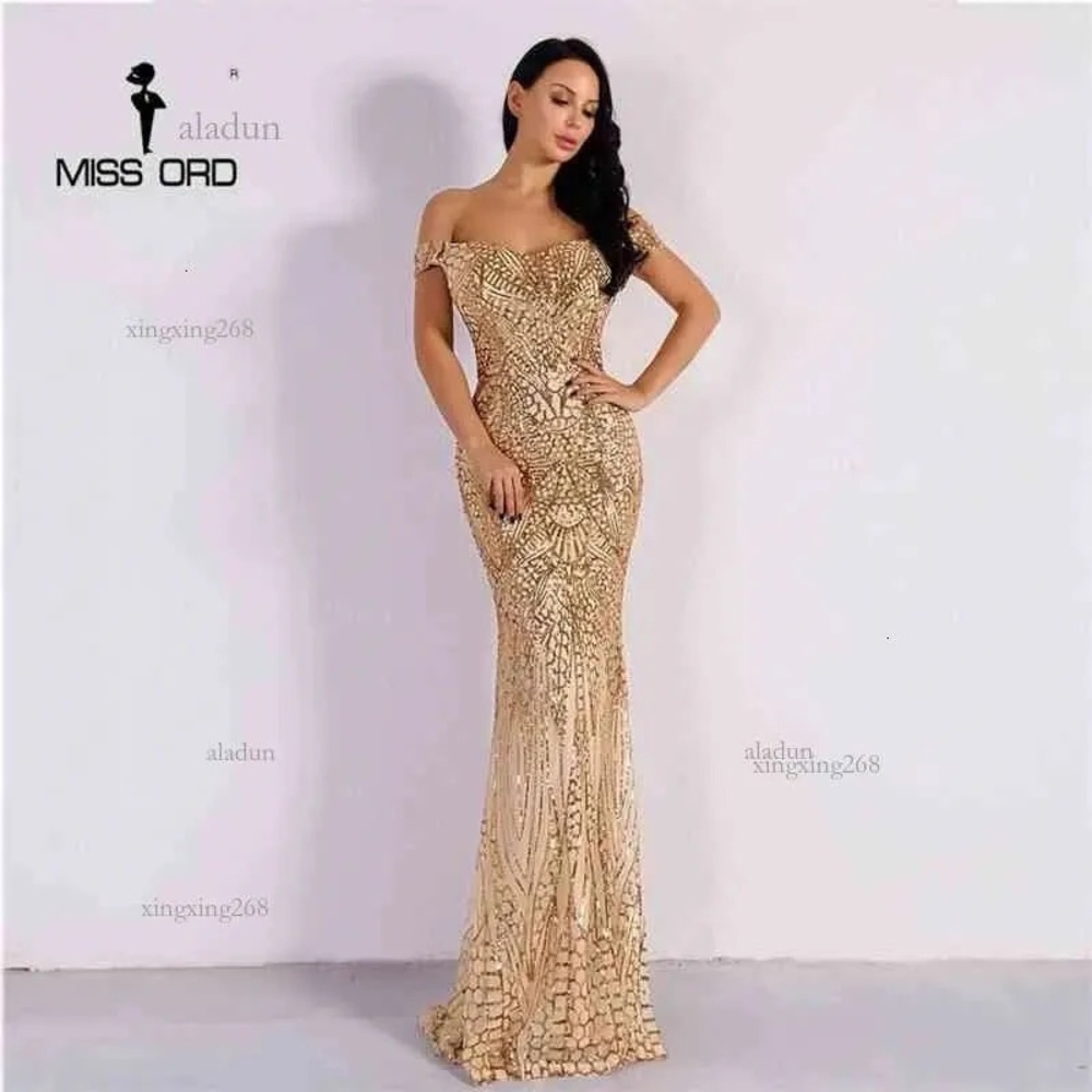 Miss Ord Gold Sequin Off Shoulder Formal Evening Gown